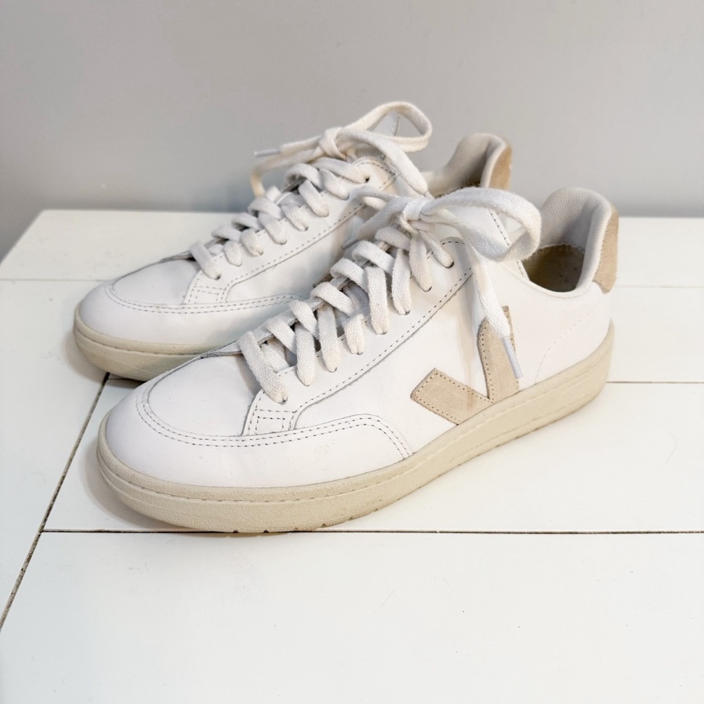 Veja V-12 Leather Lace Up Sneakers White Tan Size Eu 37/US 6